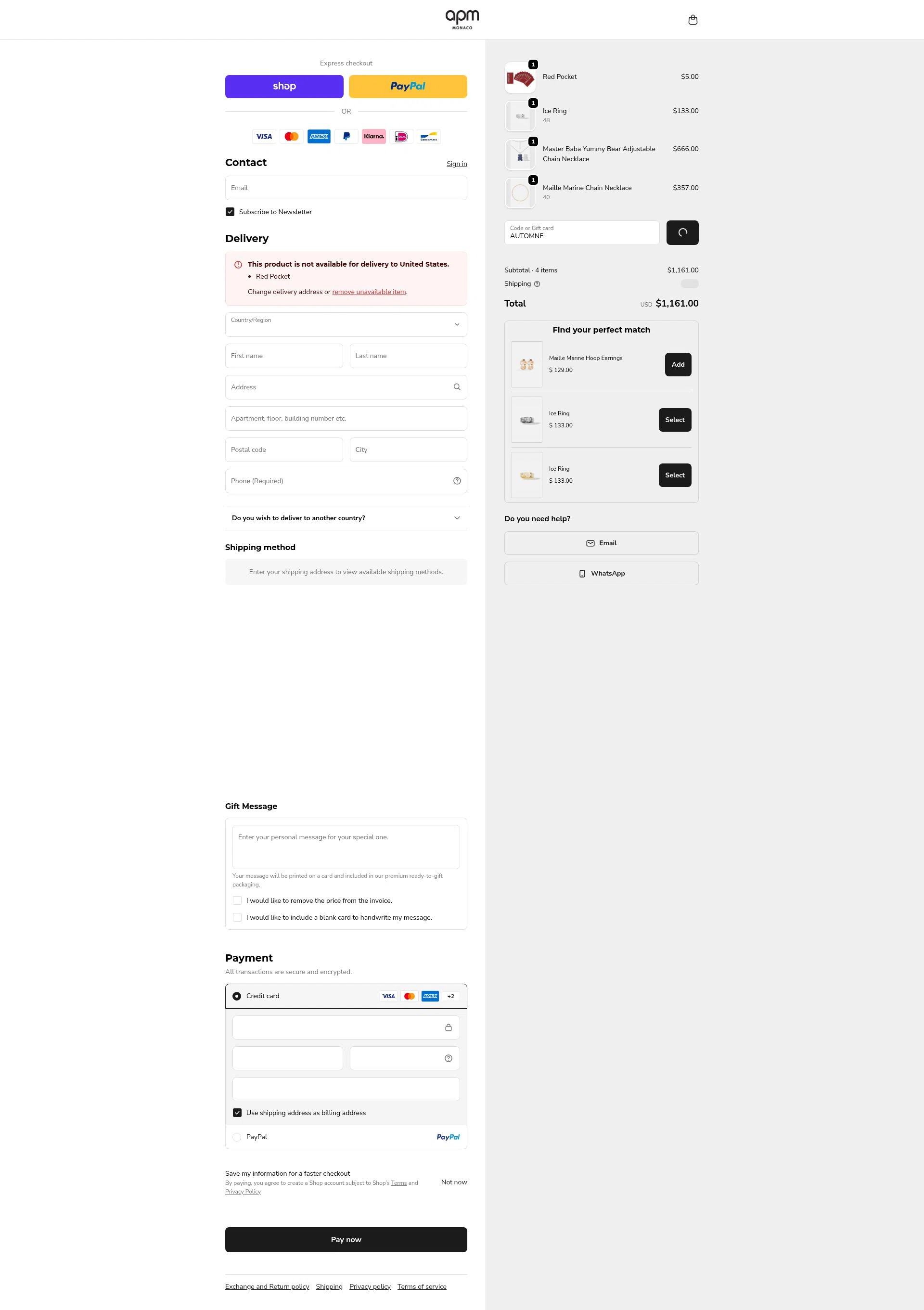 APM Monaco checkout page showing APM Monaco discount code box | Screenshot taken by SimplyCodes community member on Feb 18, 2026