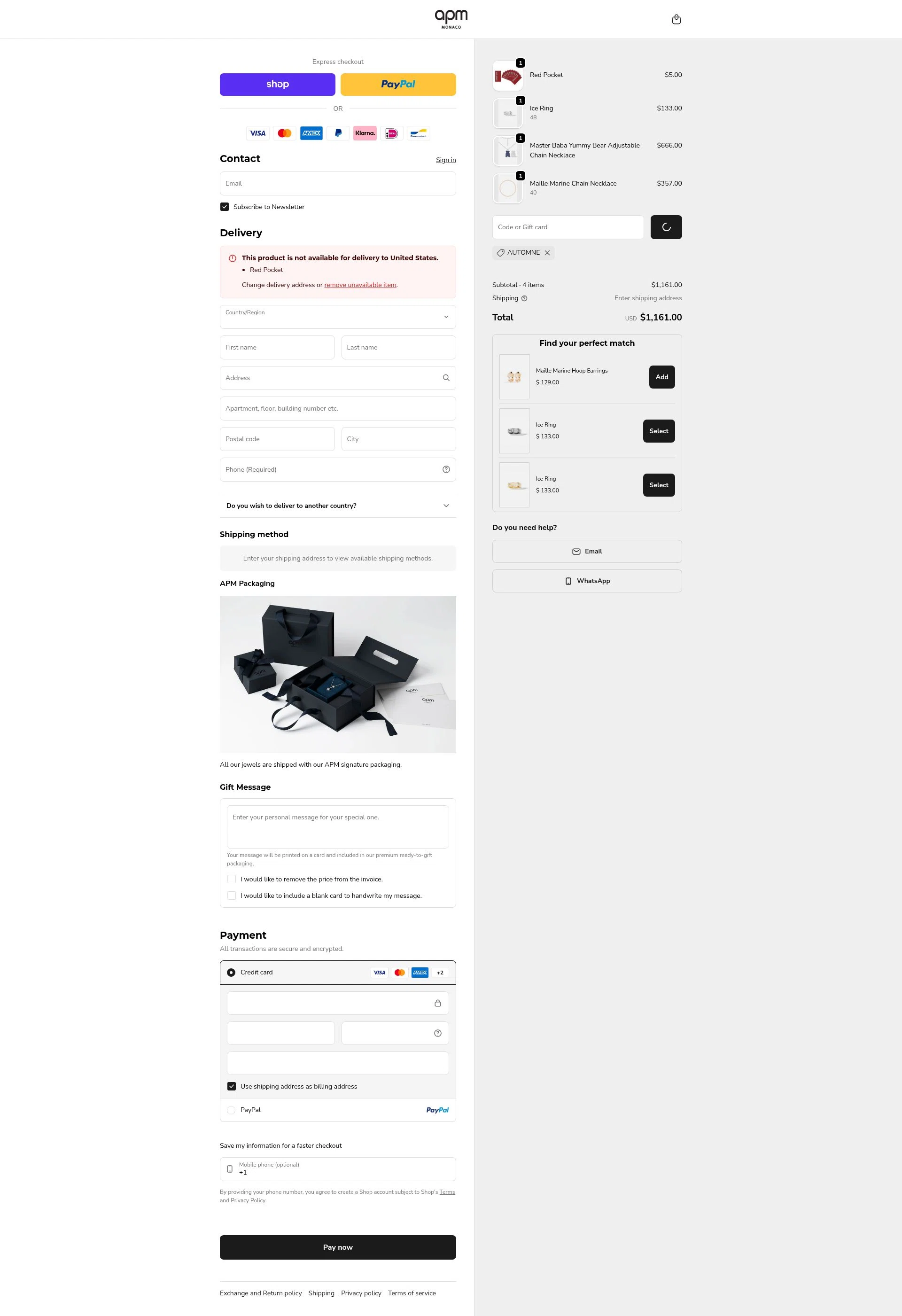 APM Monaco checkout page showing APM Monaco discount code box | Screenshot taken by SimplyCodes community member on Feb 18, 2026