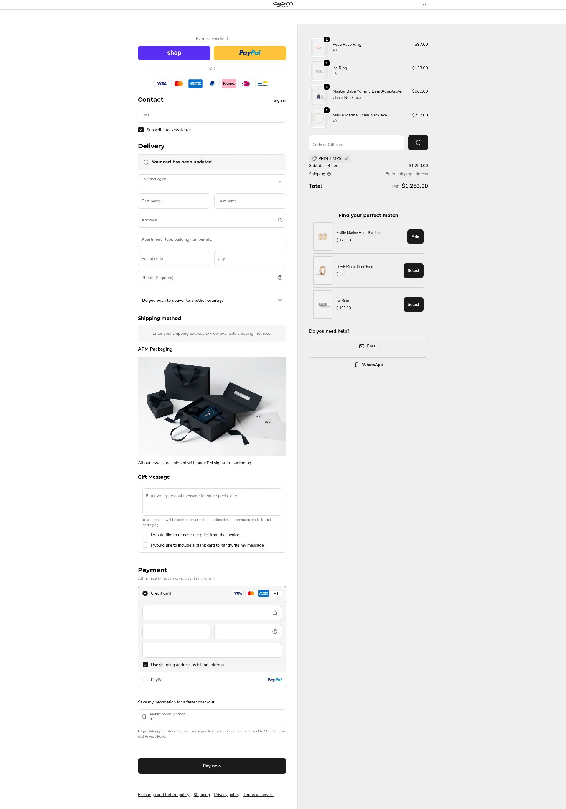 APM Monaco checkout page showing APM Monaco discount code box | Screenshot taken by SimplyCodes community member on Feb 18, 2026