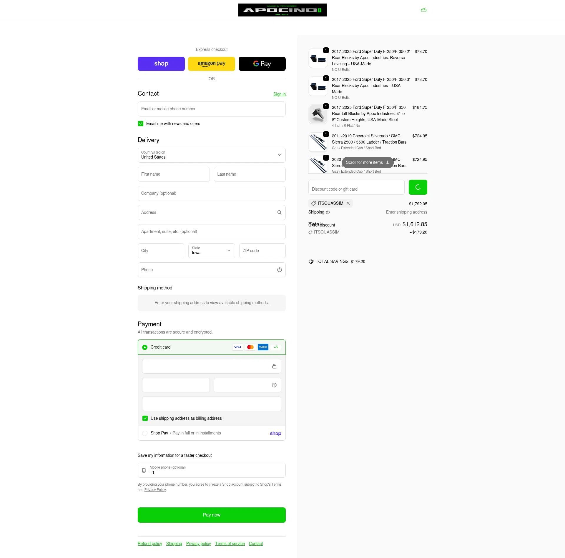 Apoc Industries checkout page showing Apoc Industries discount code box | Screenshot taken by SimplyCodes community member on Feb 17, 2026