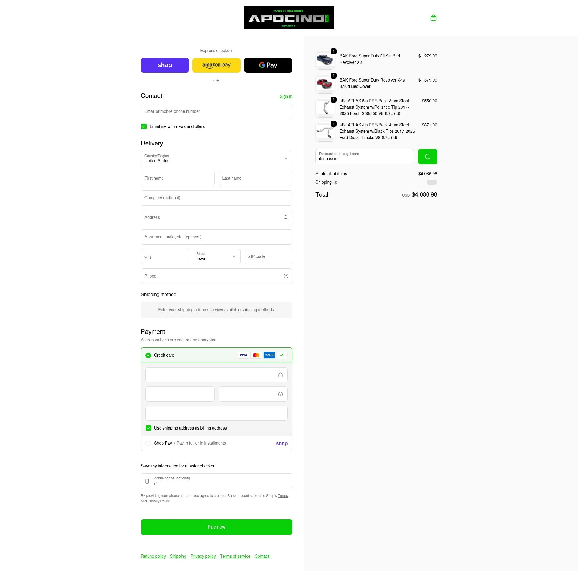 Apoc Industries checkout page showing Apoc Industries discount code box | Screenshot taken by SimplyCodes community member on Jan 31, 2026