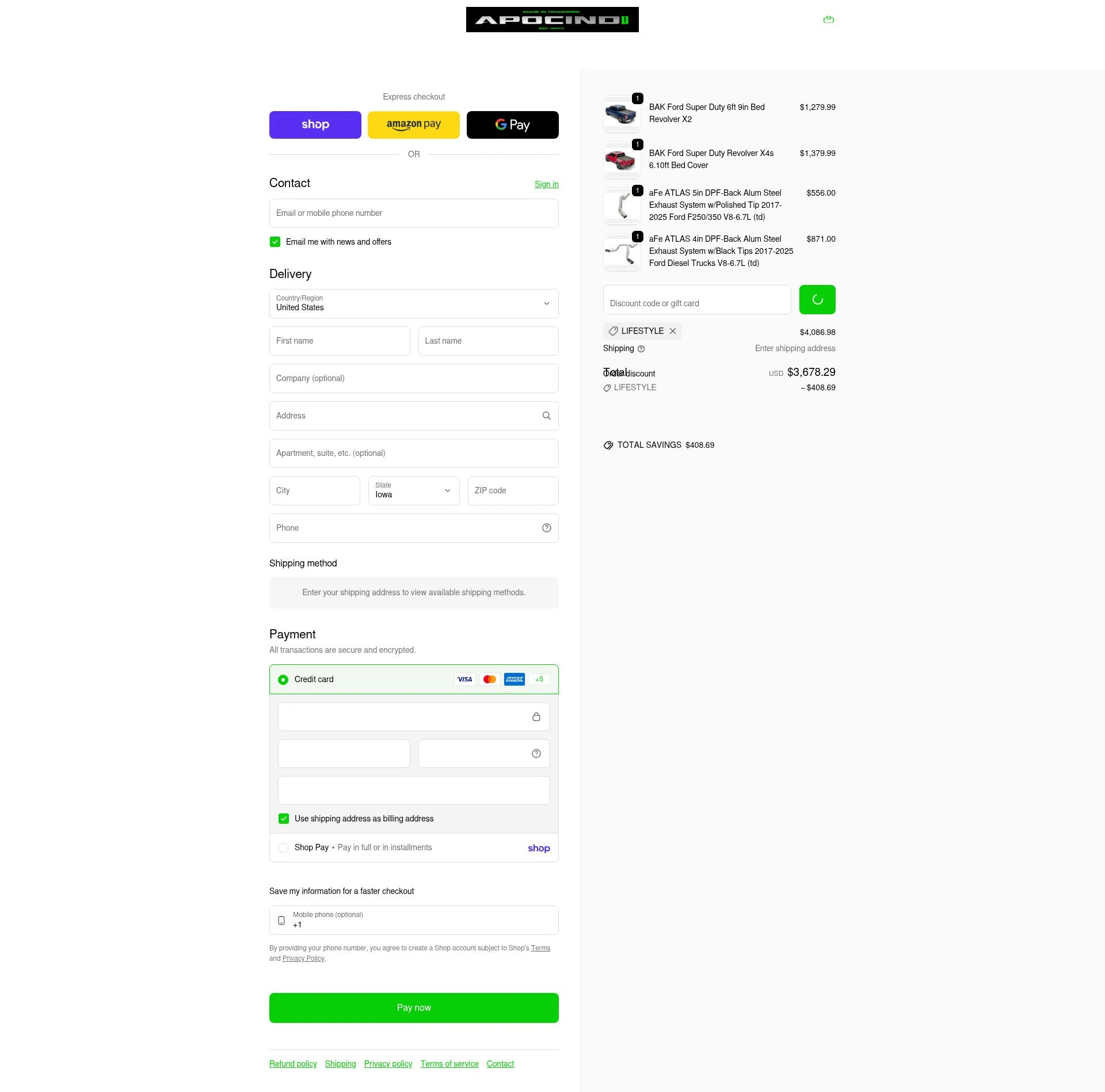 Apoc Industries checkout page showing Apoc Industries discount code box | Screenshot taken by SimplyCodes community member on Feb 9, 2026