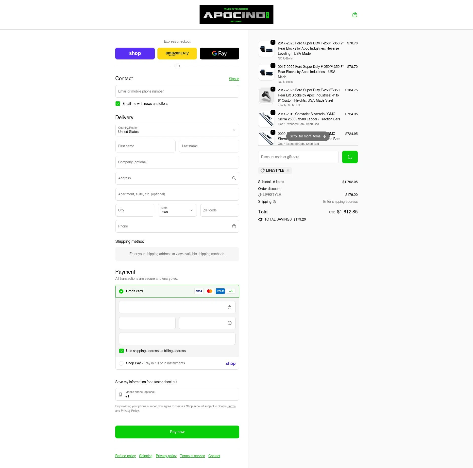 Apoc Industries checkout page showing Apoc Industries discount code box | Screenshot taken by SimplyCodes community member on Feb 17, 2026