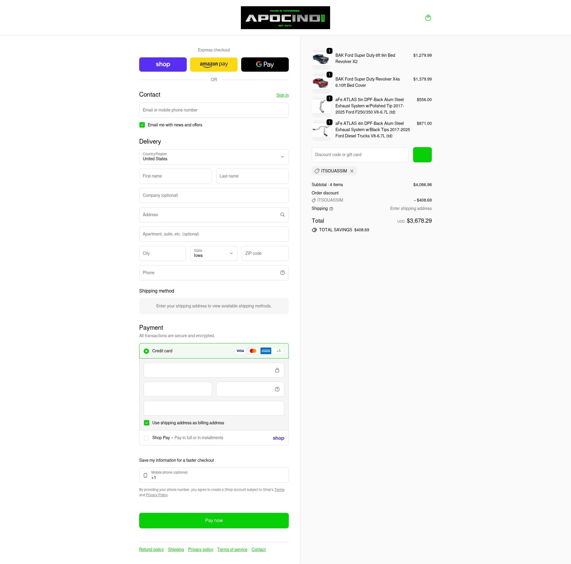 Apoc Industries checkout page showing Apoc Industries discount code box | Screenshot taken by SimplyCodes community member on Feb 9, 2026