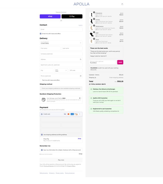Apolla Performance checkout page showing Apolla Performance discount code box | Screenshot taken by SimplyCodes community member on Aug 29, 2025