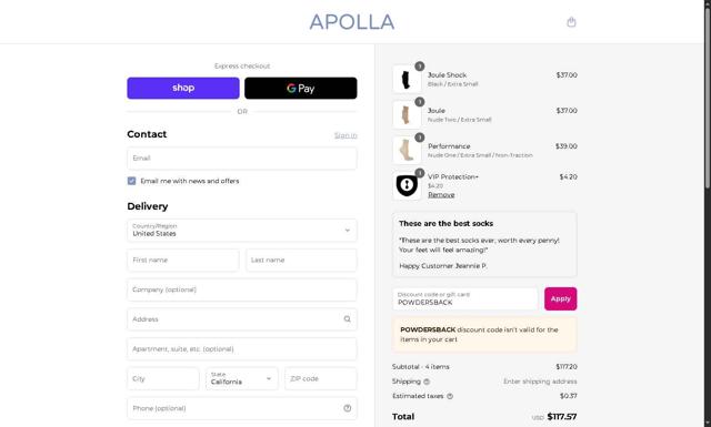 Apolla Performance checkout page showing Apolla Performance discount code box | Screenshot taken by SimplyCodes community member on Sep 13, 2025