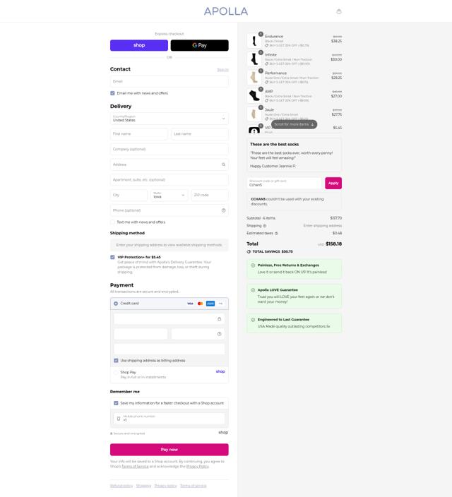 Apolla Performance checkout page showing Apolla Performance discount code box | Screenshot taken by SimplyCodes community member on Sep 10, 2025