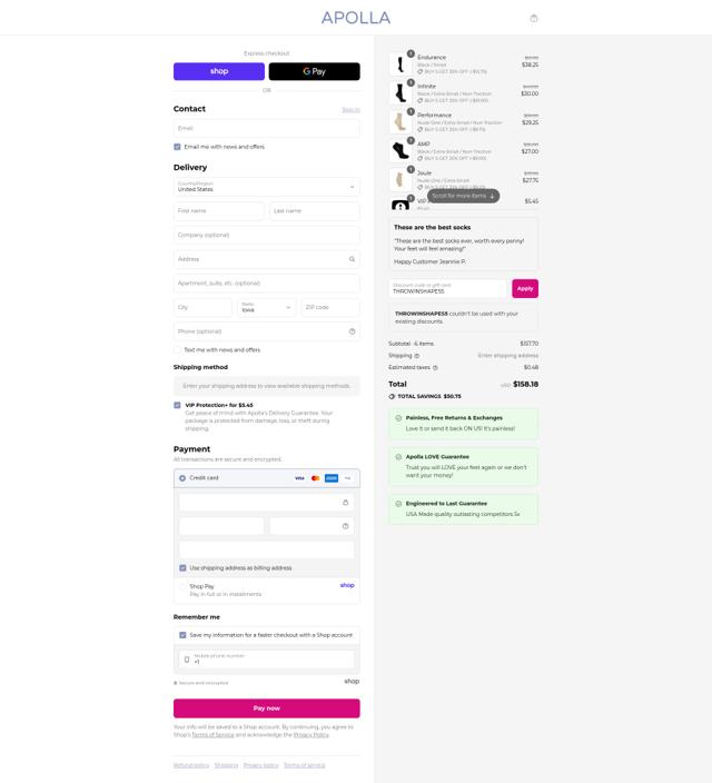 Apolla Performance checkout page showing Apolla Performance discount code box | Screenshot taken by SimplyCodes community member on Sep 10, 2025