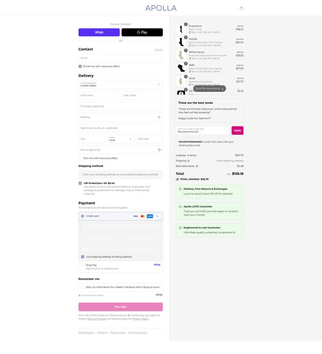 Apolla Performance checkout page showing Apolla Performance discount code box | Screenshot taken by SimplyCodes community member on Sep 10, 2025