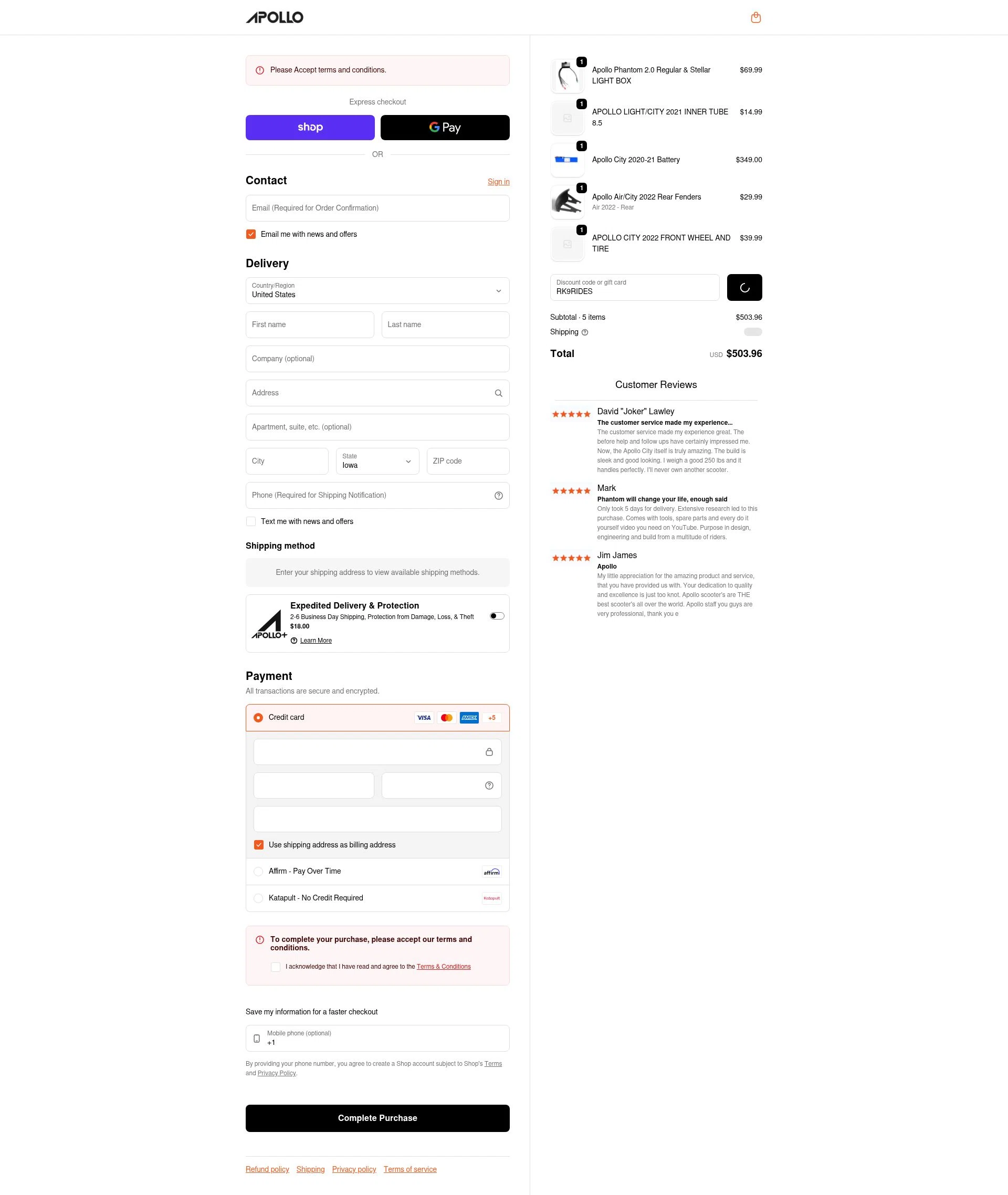 Apollo Scooters checkout page showing Apollo Scooters coupon code box | Screenshot taken by SimplyCodes community member on Feb 11, 2026