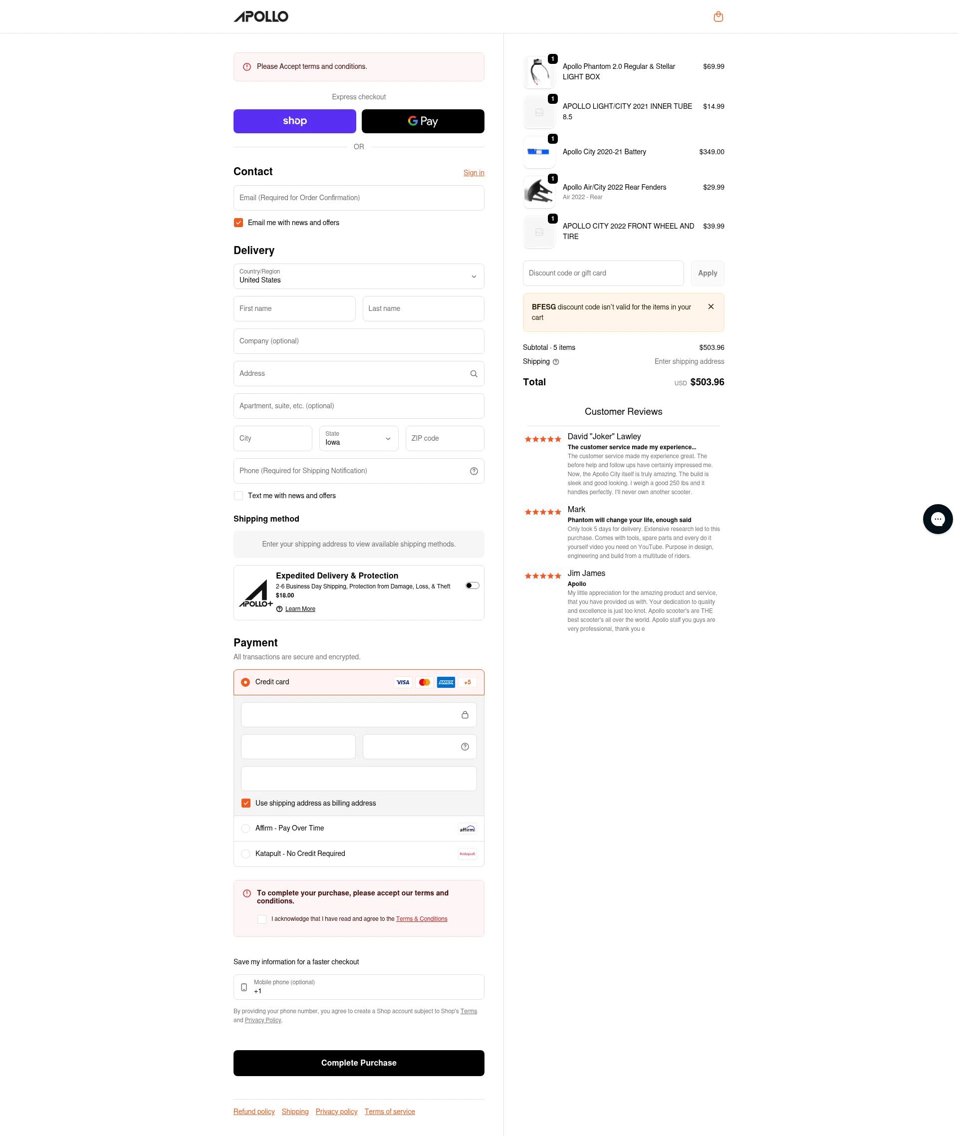 Apollo Scooters checkout page showing Apollo Scooters coupon code box | Screenshot taken by SimplyCodes community member on Feb 9, 2026