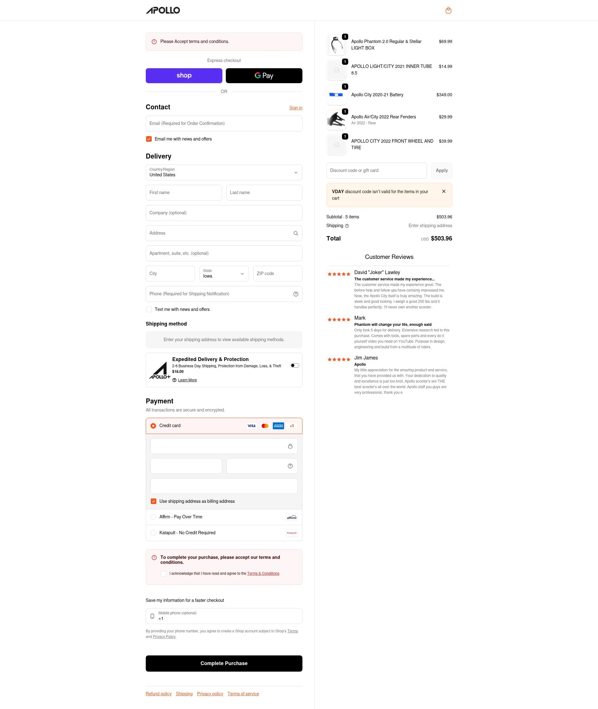 Apollo Scooters checkout page showing Apollo Scooters coupon code box | Screenshot taken by SimplyCodes community member on Feb 11, 2026