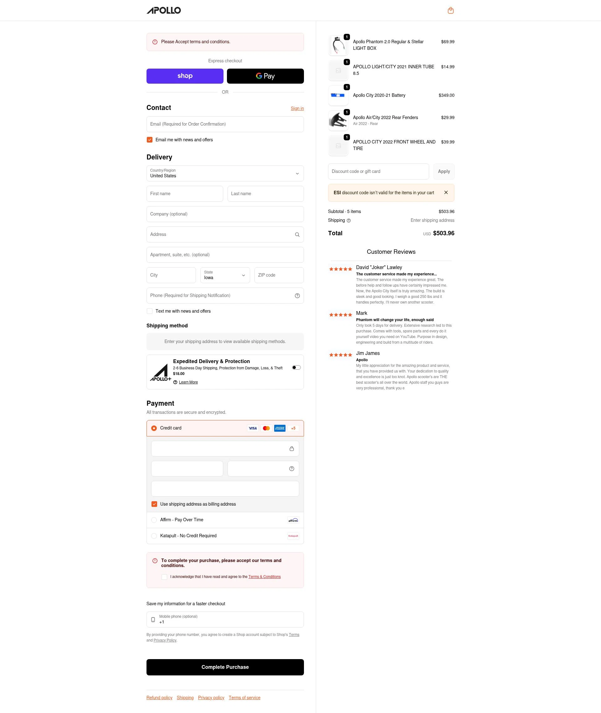 Apollo Scooters checkout page showing Apollo Scooters coupon code box | Screenshot taken by SimplyCodes community member on Feb 11, 2026