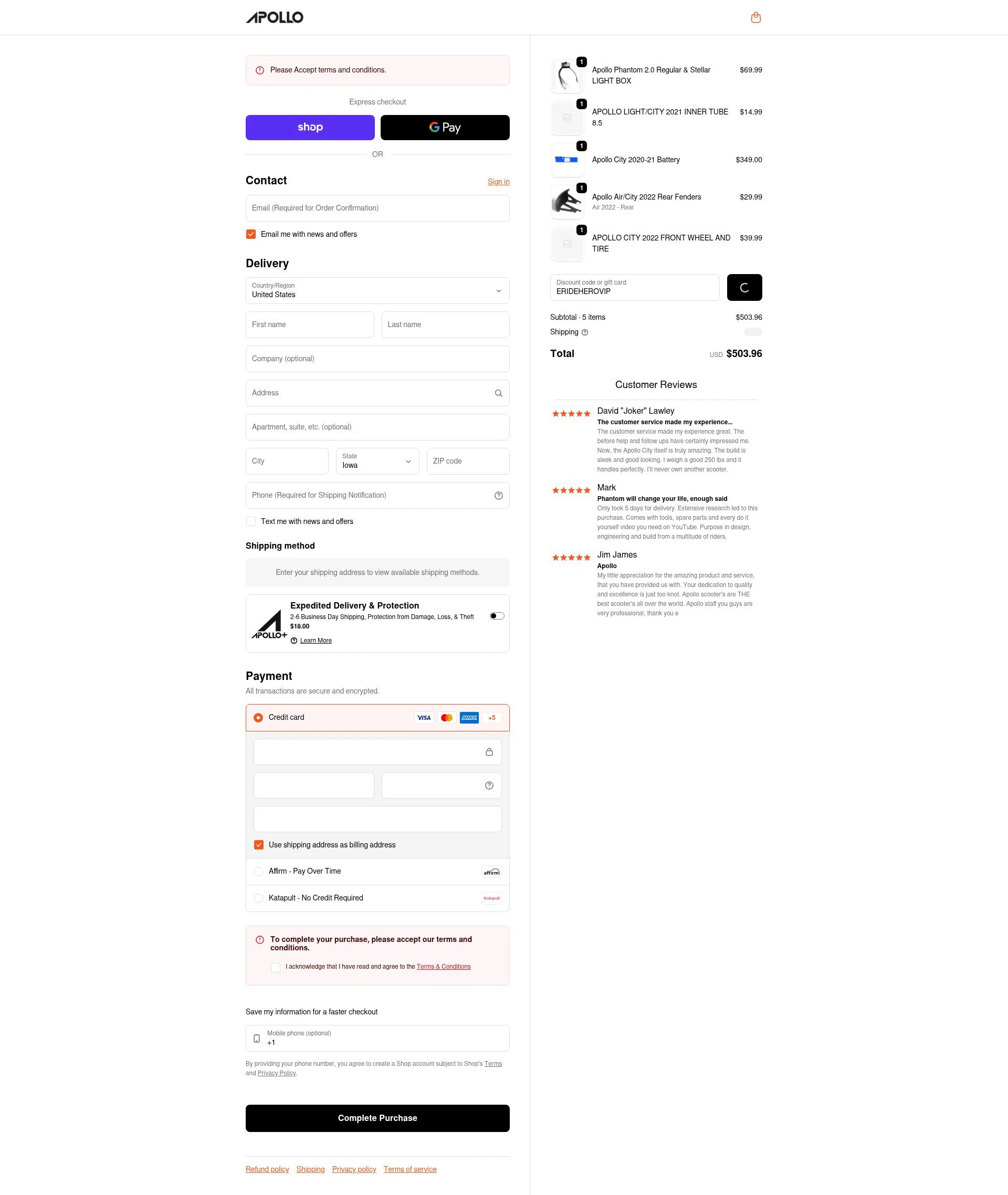 Apollo Scooters checkout page showing Apollo Scooters coupon code box | Screenshot taken by SimplyCodes community member on Feb 11, 2026