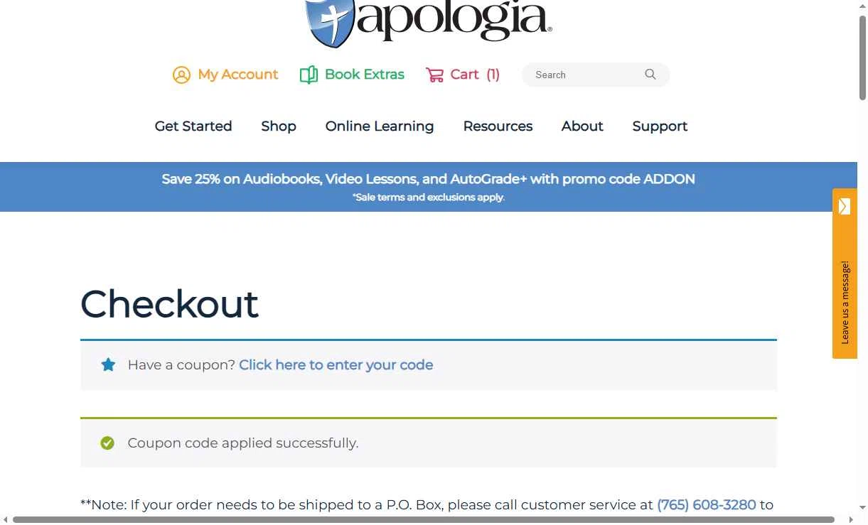 Apologia checkout page showing Apologia coupon code box | Screenshot taken by SimplyCodes community member on Oct 22, 2025