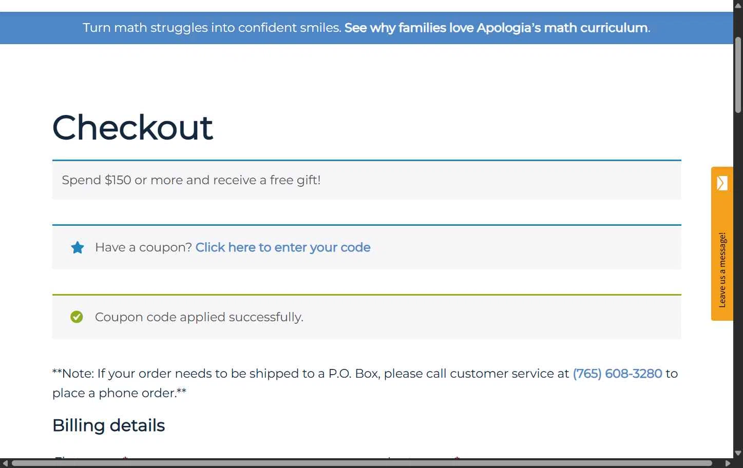 Apologia checkout page showing Apologia coupon code box | Screenshot taken by SimplyCodes community member on Jan 10, 2026