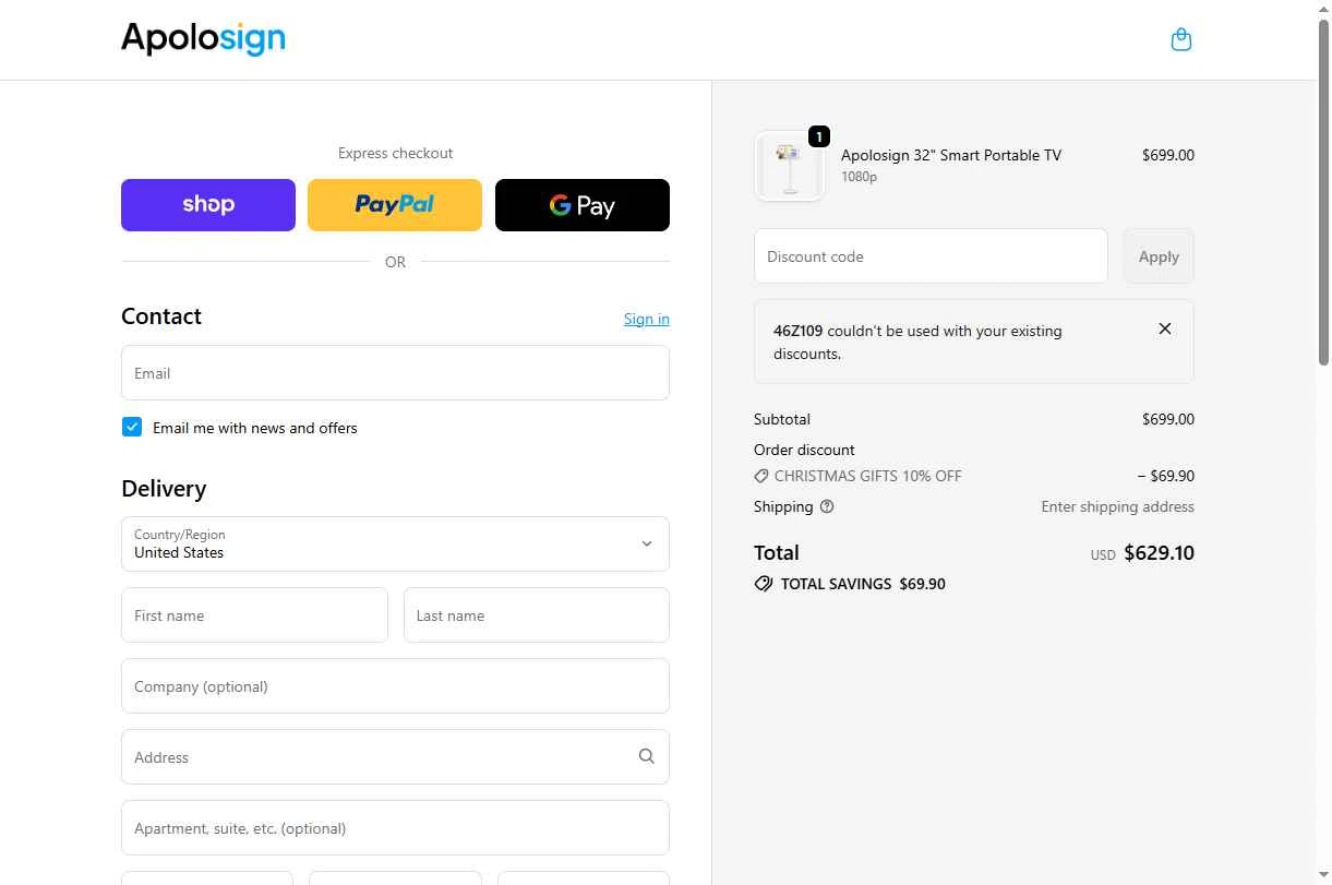 ApoloSign checkout page showing ApoloSign promo code box | Screenshot taken by SimplyCodes community member on Dec 21, 2025