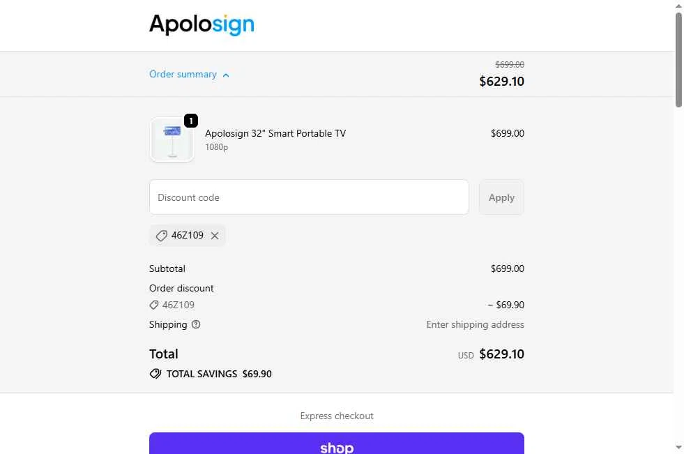 ApoloSign checkout page showing ApoloSign promo code box | Screenshot taken by SimplyCodes community member on Oct 8, 2025