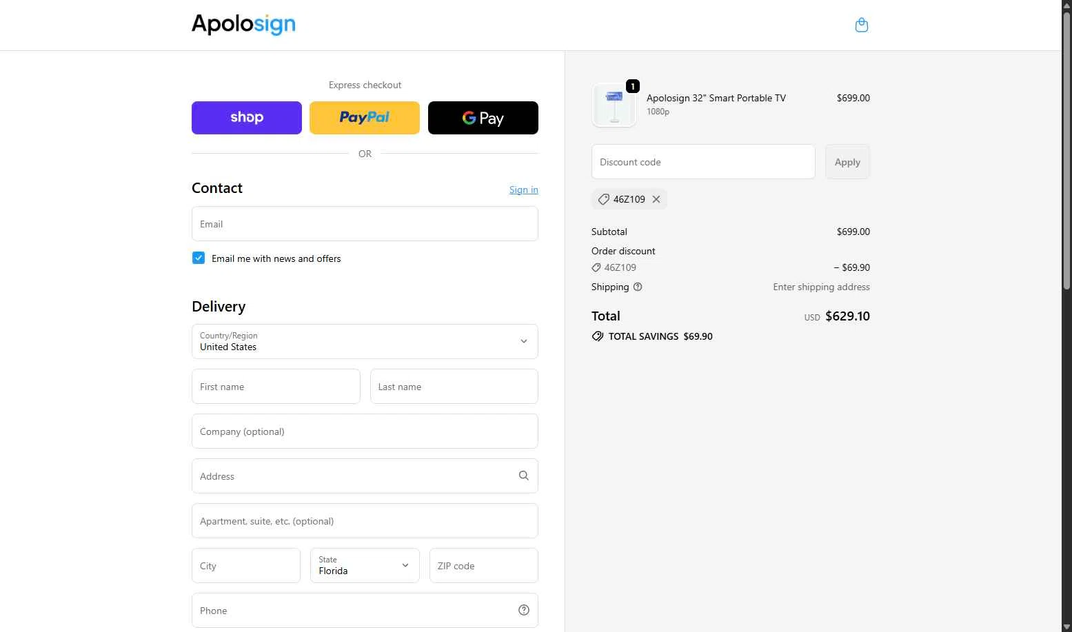ApoloSign checkout page showing ApoloSign promo code box | Screenshot taken by SimplyCodes community member on Nov 10, 2025