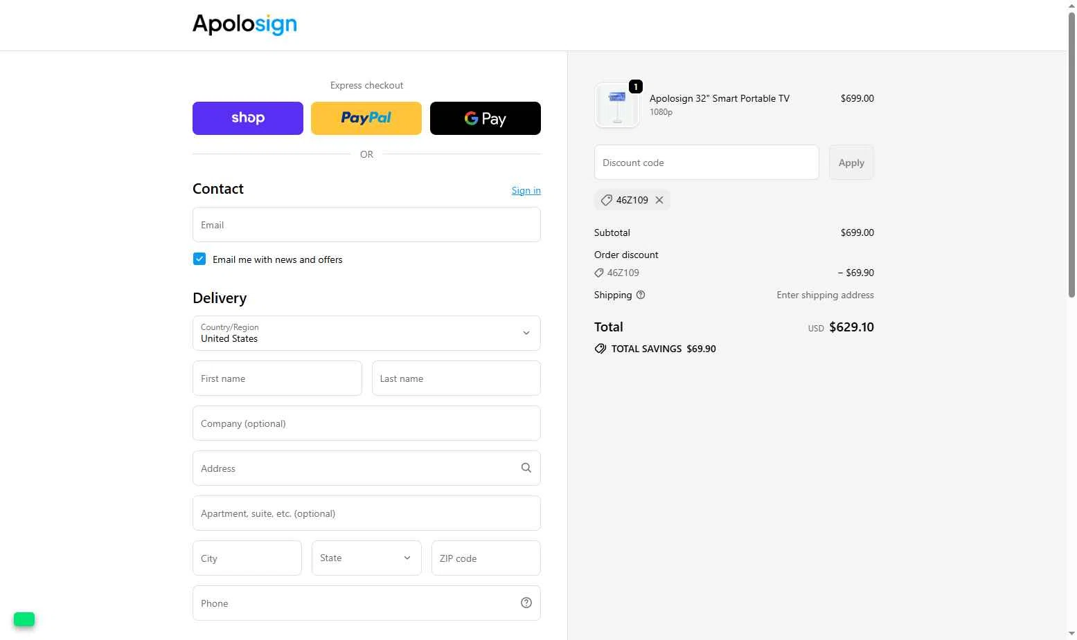 ApoloSign checkout page showing ApoloSign promo code box | Screenshot taken by SimplyCodes community member on Sep 26, 2025