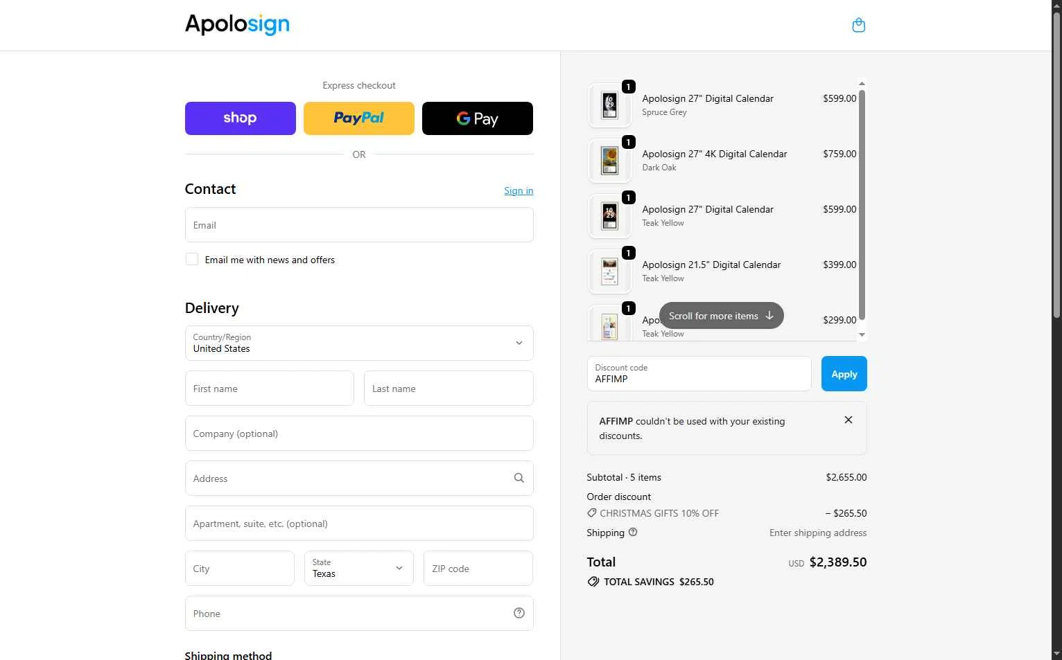 ApoloSign checkout page showing ApoloSign promo code box | Screenshot taken by SimplyCodes community member on Dec 10, 2025
