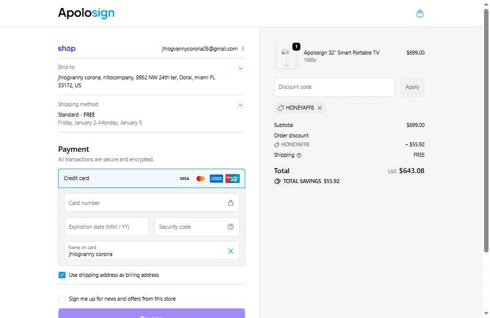 ApoloSign checkout page showing ApoloSign promo code box | Screenshot taken by SimplyCodes community member on Dec 27, 2025
