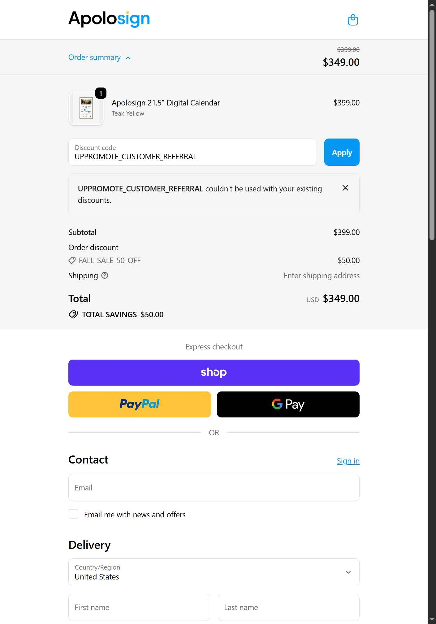 ApoloSign checkout page showing ApoloSign promo code box | Screenshot taken by SimplyCodes community member on Oct 8, 2025