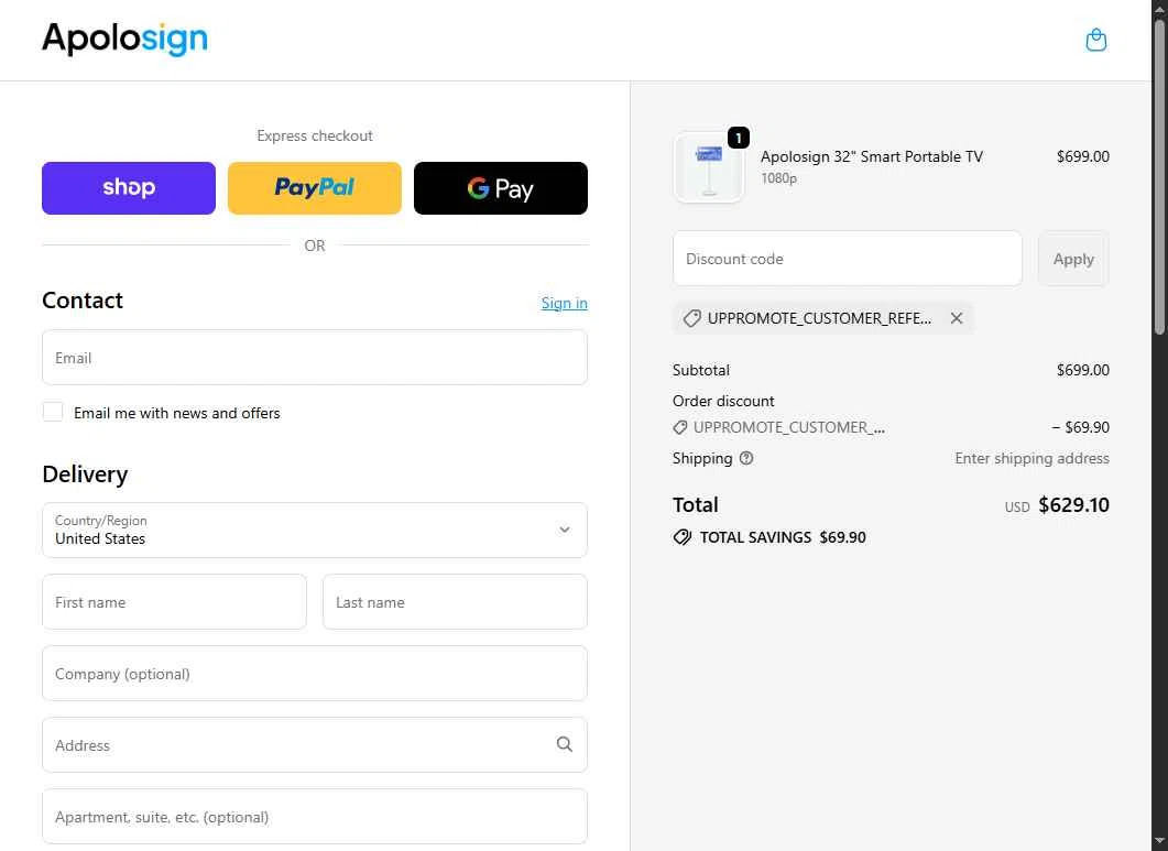 ApoloSign checkout page showing ApoloSign promo code box | Screenshot taken by SimplyCodes community member on Oct 8, 2025