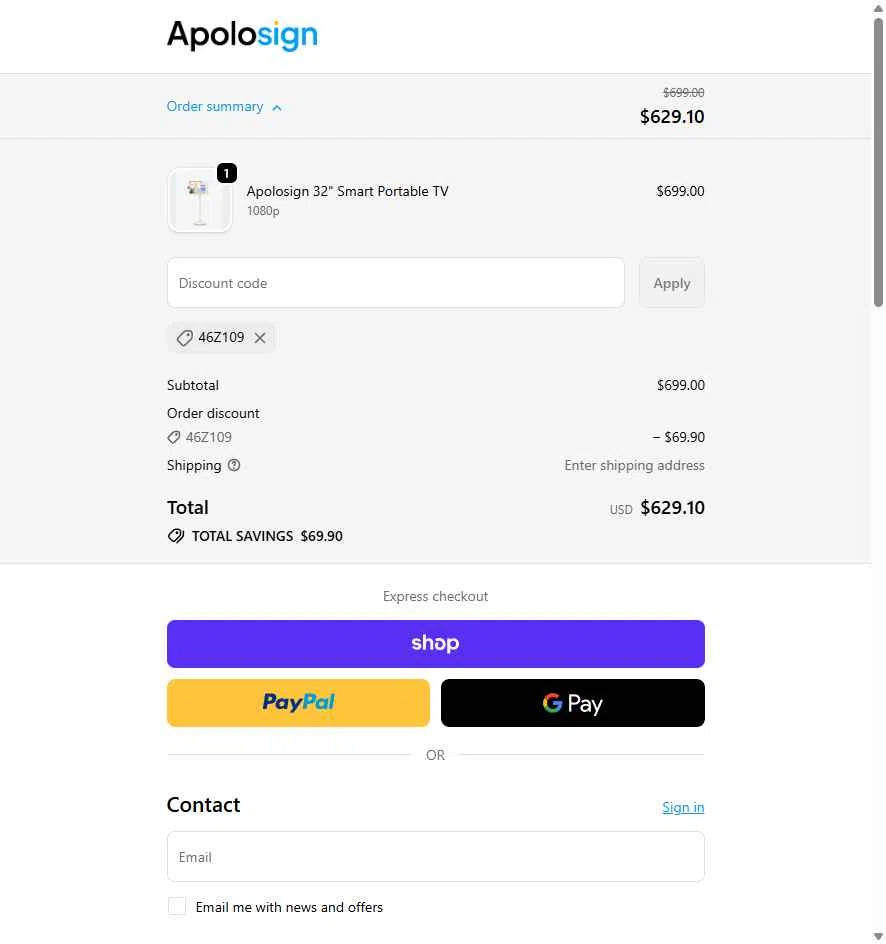 ApoloSign checkout page showing ApoloSign promo code box | Screenshot taken by SimplyCodes community member on Nov 22, 2025