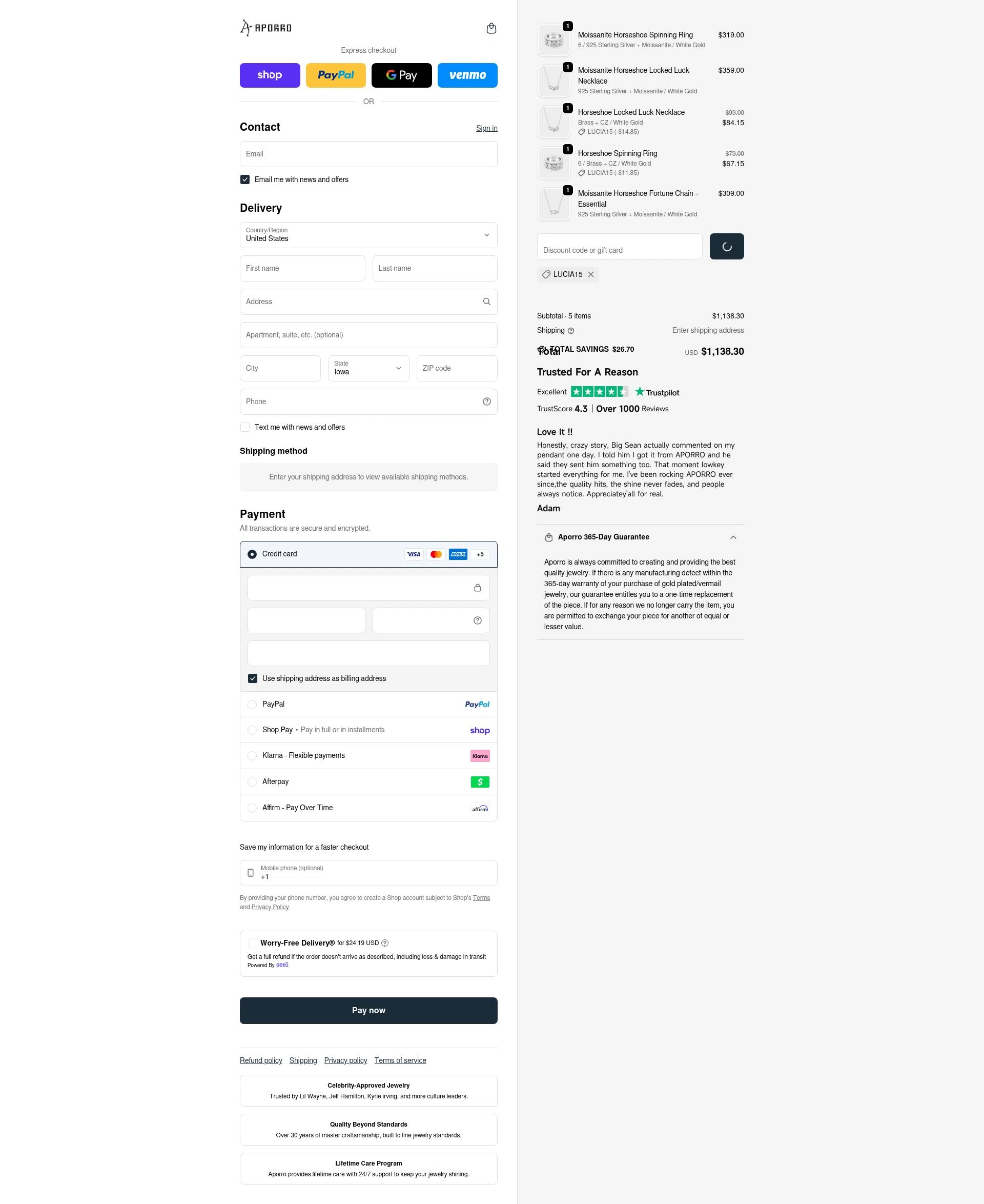 Aporro checkout page showing Aporro discount code box | Screenshot taken by SimplyCodes community member on Feb 17, 2026