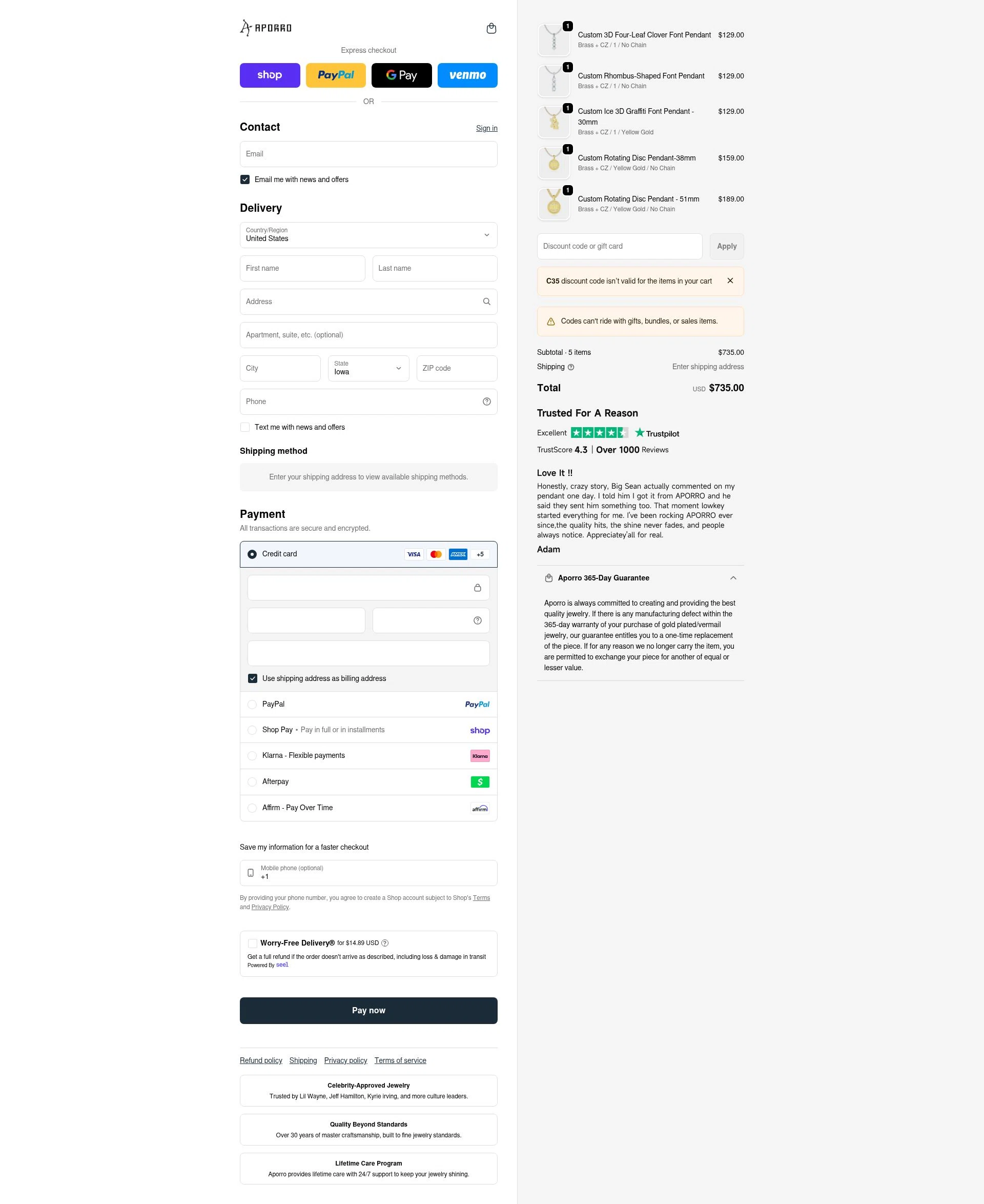 Aporro checkout page showing Aporro discount code box | Screenshot taken by SimplyCodes community member on Feb 13, 2026