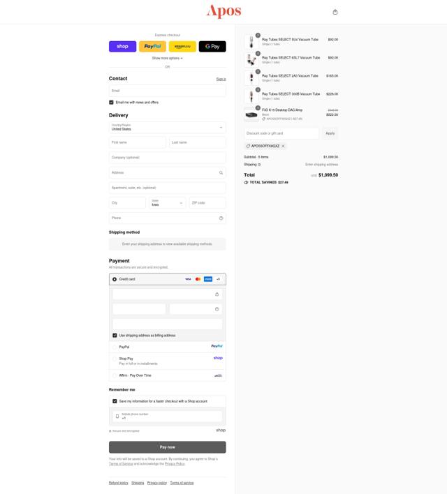 Apos Audio checkout page showing Apos Audio discount code box | Screenshot taken by SimplyCodes community member on Sep 10, 2025