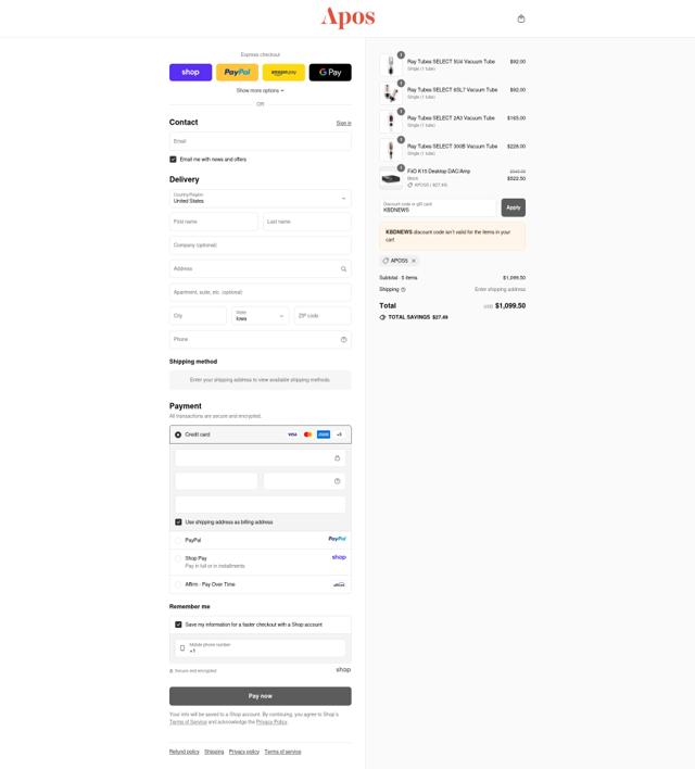 Apos Audio checkout page showing Apos Audio discount code box | Screenshot taken by SimplyCodes community member on Sep 10, 2025
