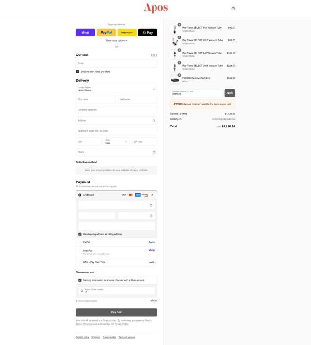 Apos Audio checkout page showing Apos Audio discount code box | Screenshot taken by SimplyCodes community member on Sep 6, 2025