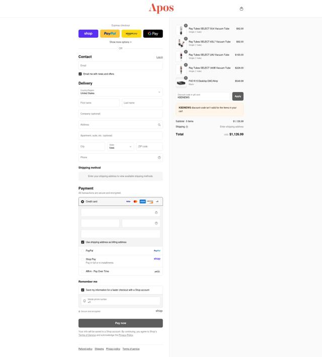 Apos Audio checkout page showing Apos Audio discount code box | Screenshot taken by SimplyCodes community member on Sep 6, 2025