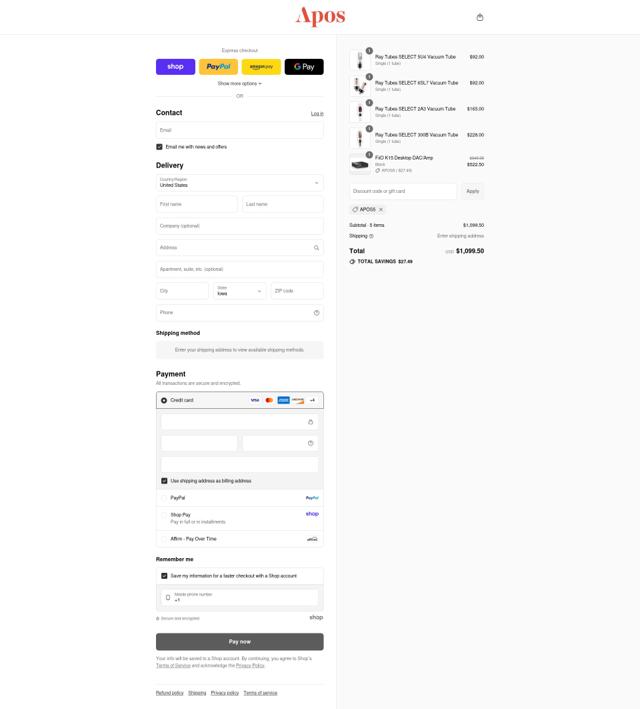 Apos Audio checkout page showing Apos Audio discount code box | Screenshot taken by SimplyCodes community member on Sep 6, 2025