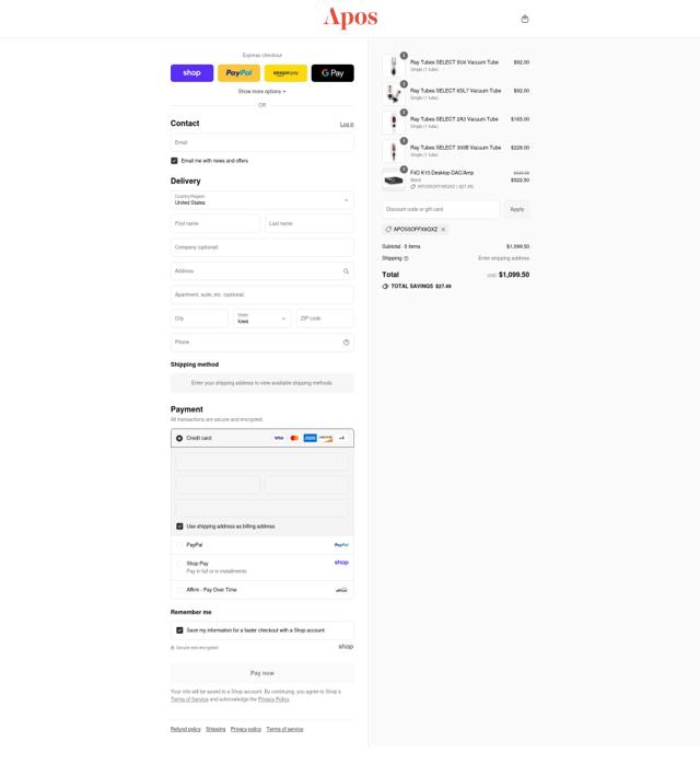 Apos Audio checkout page showing Apos Audio discount code box | Screenshot taken by SimplyCodes community member on Sep 6, 2025