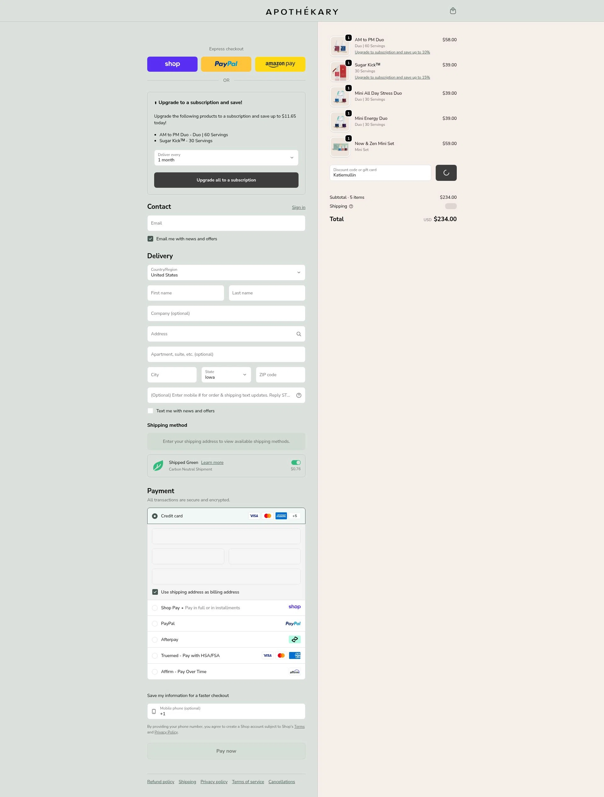 Apothékary checkout page showing Apothékary promo code box | Screenshot taken by SimplyCodes community member on Jan 7, 2026