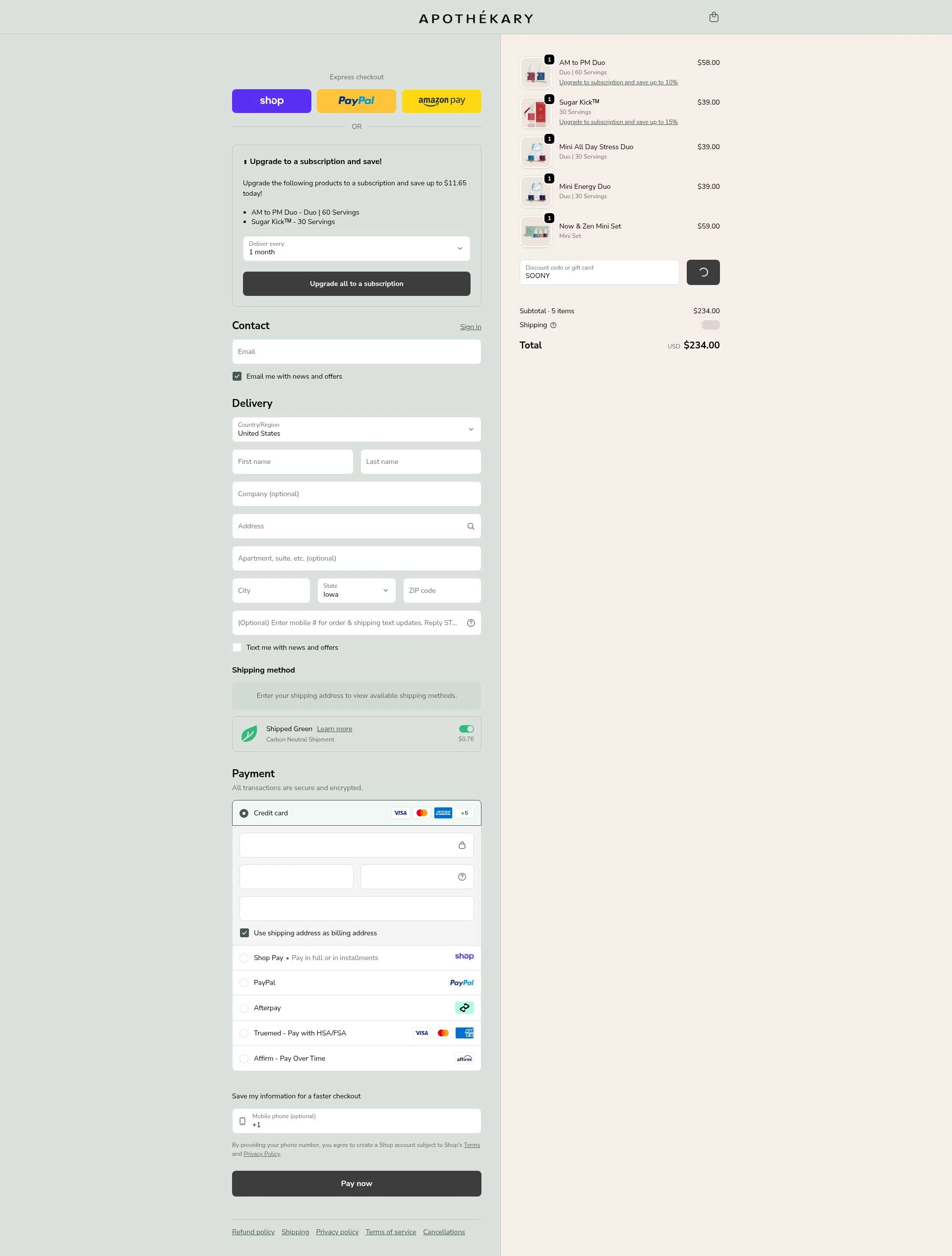 Apothékary checkout page showing Apothékary promo code box | Screenshot taken by SimplyCodes community member on Jan 7, 2026