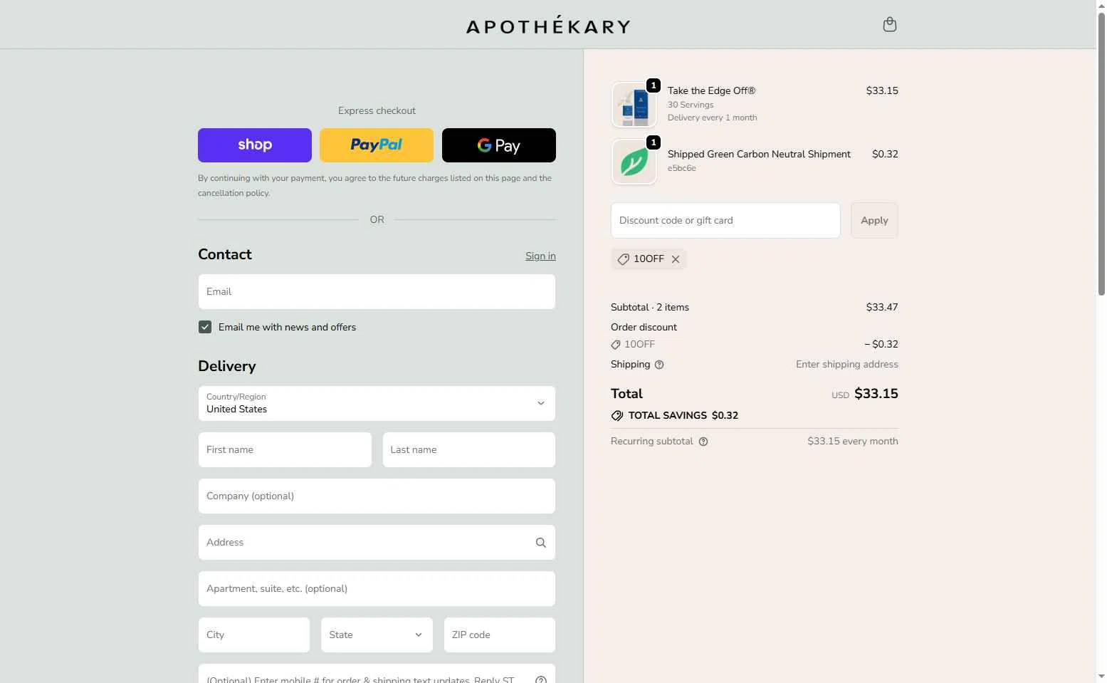 Apothékary checkout page showing Apothékary promo code box | Screenshot taken by SimplyCodes community member on Jan 7, 2026