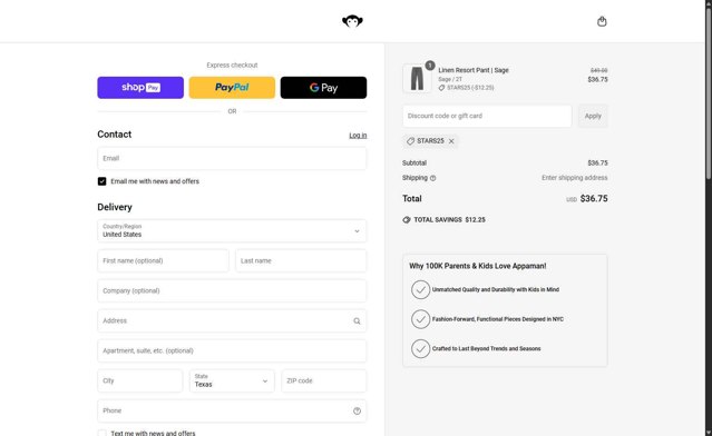 Appaman checkout page showing Appaman coupon code box | Screenshot taken by SimplyCodes community member on May 22, 2025