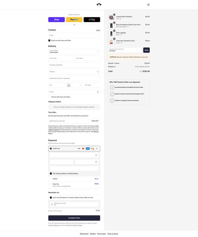 Appaman checkout page showing Appaman coupon code box | Screenshot taken by SimplyCodes community member on Sep 3, 2025