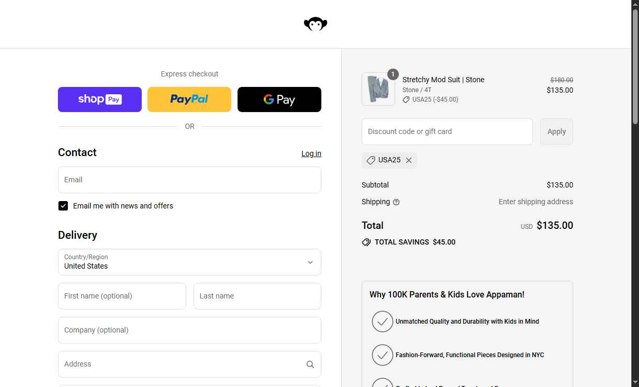Appaman checkout page showing Appaman coupon code box | Screenshot taken by SimplyCodes community member on Jul 6, 2025
