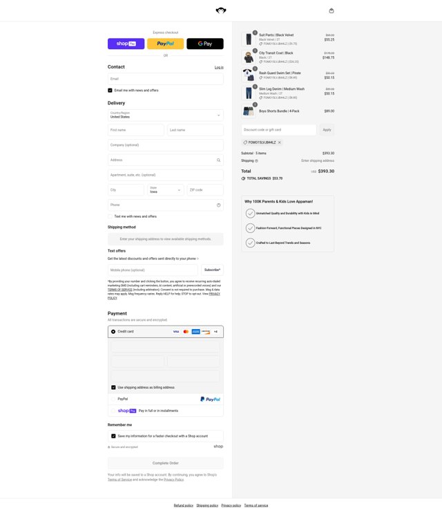 Appaman checkout page showing Appaman coupon code box | Screenshot taken by SimplyCodes community member on Jul 9, 2025