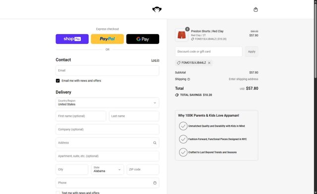 Appaman checkout page showing Appaman coupon code box | Screenshot taken by SimplyCodes community member on Jul 6, 2025
