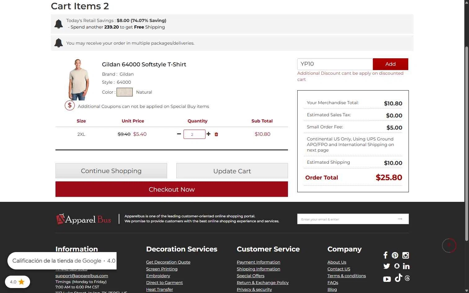 Apparelbus checkout page showing Apparelbus discount code box | Screenshot taken by SimplyCodes community member on Nov 1, 2025