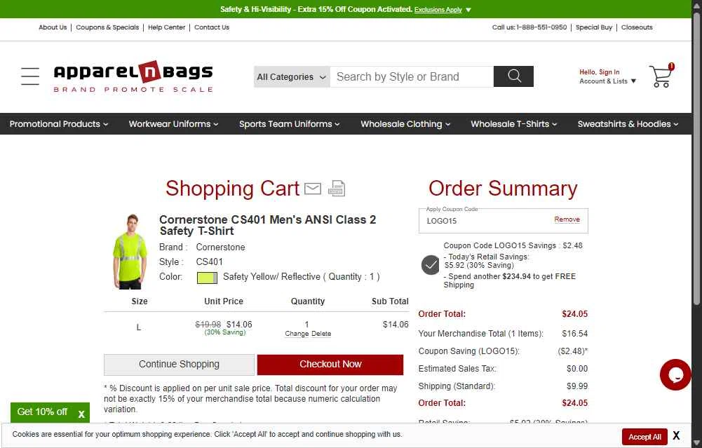 ApparelnBags.com checkout page showing ApparelnBags.com promo code box | Screenshot taken by SimplyCodes community member on Dec 4, 2025