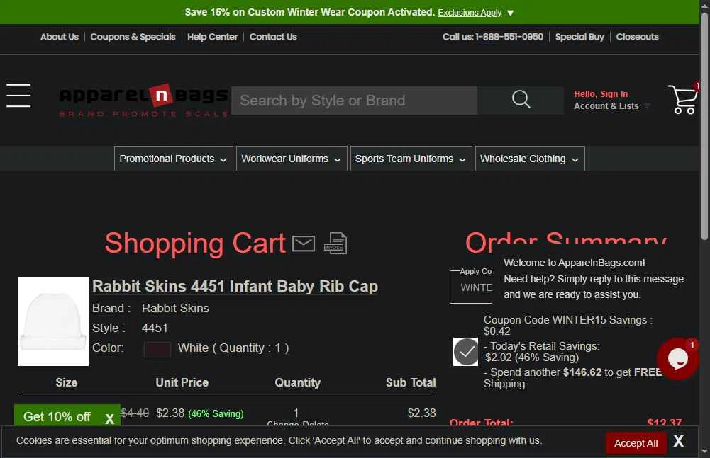 ApparelnBags.com checkout page showing ApparelnBags.com promo code box | Screenshot taken by SimplyCodes community member on Dec 11, 2025