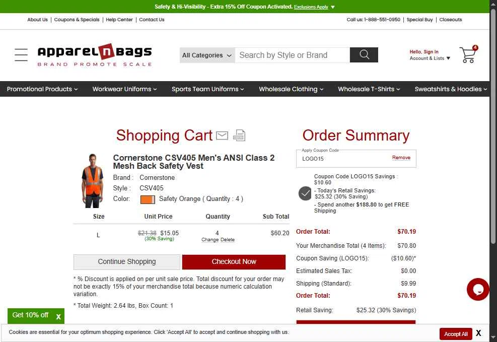 ApparelnBags.com checkout page showing ApparelnBags.com promo code box | Screenshot taken by SimplyCodes community member on Dec 16, 2025