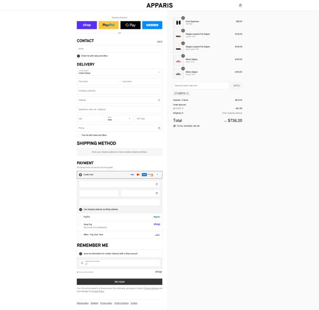 Apparis checkout page showing Apparis discount code box | Screenshot taken by SimplyCodes community member on Aug 29, 2025